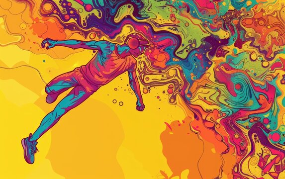Vivid abstract art of a dynamic figure immersed in a swirl of vibrant colors, symbolizing energy and fluidity in motion.