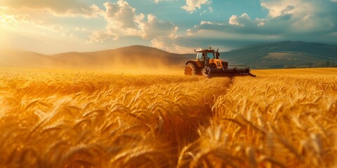 Fototapeta premium Modern farming, machinery, tractor, wheat field, golden hour, agricultural technology, landscape, harvest