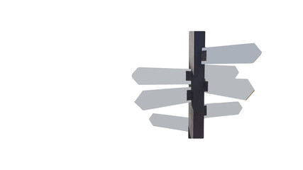 A cut-out of a white direction sign with copy space pointing to various places on a white background.