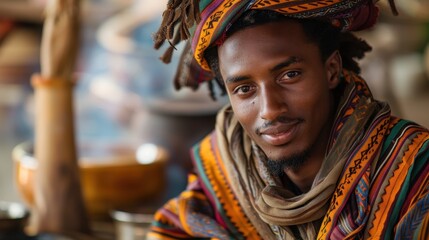 Fototapeta premium Young Man in Traditional Ethiopian Attire Participating in Coffee Ceremony