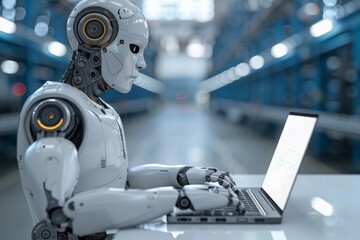 A White Robot Works on a Laptop in a Factory Setting