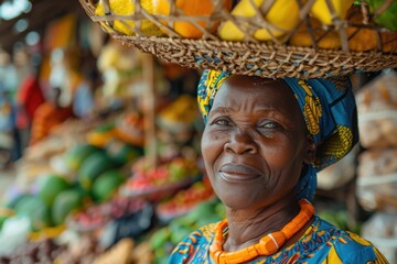 Fototapeta premium Middle-Aged Woman in Vibrant Boubou Dress Carrying Produce in Dakar Market