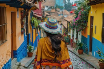Obraz premium Woman in Traditional Ruana Walking Through La Candelaria in Bogotá