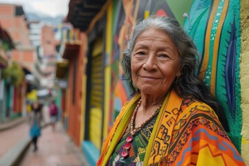 Obraz premium Woman in Traditional Ruana Walking Through La Candelaria in Bogotá