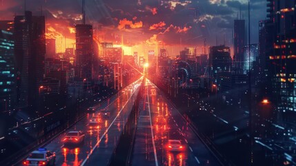 Obraz premium Intelligent highway at sunset, selfdriving cars, smart sensors glowing softly, modern city skyline, cybernetic theme, cool tones, digital painting