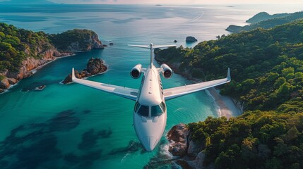 Fototapeta premium An airplane is depicted flying low above a tranquil tropical beach, surrounded by lush green foliage and clear blue waters, embodying the essence of serene travel and natural splendor.