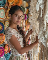 Woman in Traditional &Ntilde;anduti Lace Dress Showcasing Lacework at Asunci&oacute;n Market

