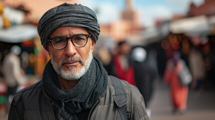 Obraz premium Middle-Aged Man in Traditional Djellaba Walking Through Jemaa el-Fnaa Square