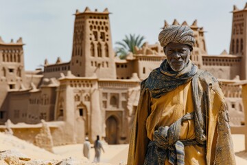 Elderly Man in Traditional Tuareg Robe Standing Before Ancient Mosques in Timbuktu

