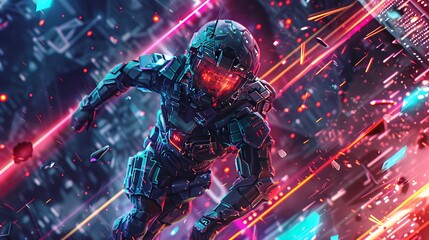 Obraz premium Futuristic 3d gaming abstract background with Caracter and glowing lines for desktop wallpaper