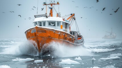 Fototapeta premium An orange fishing vessel navigates through icy waters with force, surrounded by chunks of ice and fog, seagulls flying above, showcasing the starkness of winter maritime life.