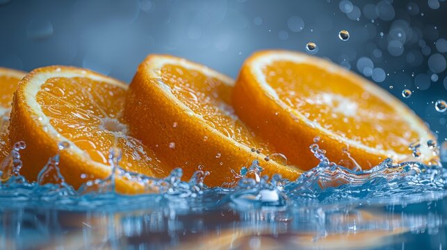 Fresh, juicy orange slices create a refreshing splash in water, displaying their vibrant color and texture, perfect for themes related to freshness and vitality.