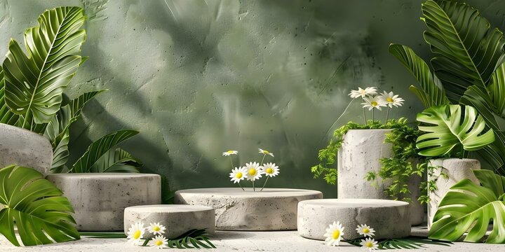 Circular podiums embellished with Feverfew flowers, stone blocks, and tropical leaves. Concept Floral Podiums, Stone Blocks, Tropical Decor, Feverfew Flowers