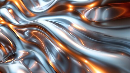 Obraz premium An abstract representation of fluid metallic waves in smooth, flowing patterns, highlighted by reflective orange hues, evoking a sense of motion, elegance, and modern artistry.