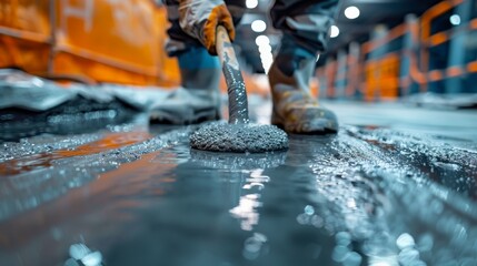 A construction worker wearing gloves and boots smooths out wet concrete with a masonry trowel, showcasing the meticulous process of concrete floor finishing in an industrial setting.