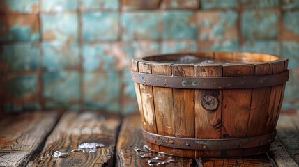 Fototapeta premium A charming and rustic wooden barrel sits on a weathered wooden surface, evoking feelings of nostalgia, tradition, and simplicity, combined with an authentic vintage aesthetic.