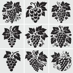 Set of vector art illustration Grapes logo featuring grapes with leaves on a tree. Generative AI