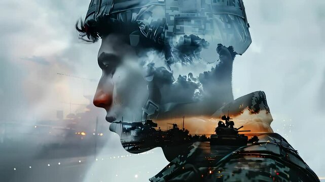 Video of soldier with post traumatic stress disorder. The scene is set in a war zone. Mental disorder concept.