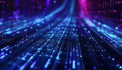 A digital web of lines and glowing dots, representing the complex network that is data visualization in artificial intelligence, set against an abstract dark background with blue