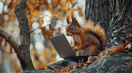 Person working on laptop under tree with playful squirrel above, Harmony of work and nature © BOONJUNG