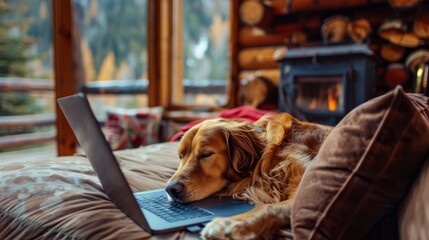 Digital nomad working on laptop in mountain cabin with Dog, Remote work and pet friendship concept