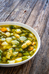 Asparagus soup in white bowl on wooden table
