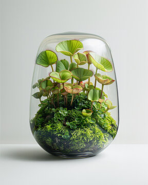 Whimsical potted Venus flytrap with open traps, in a clear glass terrarium, presented against a starkly contrasting, perfectly white backdrop that makes every detail of the plant stand out