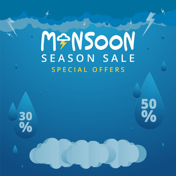 monsoon sale banner with rain background.