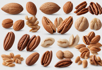 A collection of nuts like almonds walnuts and pecans isolated on a transparent background