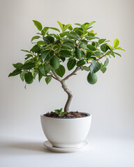 Dwarf avocado tree with glossy leaves and pear-shaped fruits in a modern white planter, set on a brilliantly white backdrop that emphasizes its tropical charm