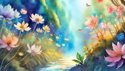 landscape with flowers and butterflies