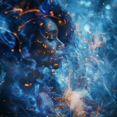 Profile of a woman surrounded by enchanting blue and orange smoke, capturing an ethereal atmosphere with ample copy space for text or creative design.