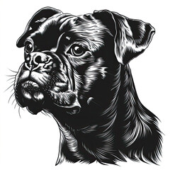 A black and white drawing of a Boxer dog