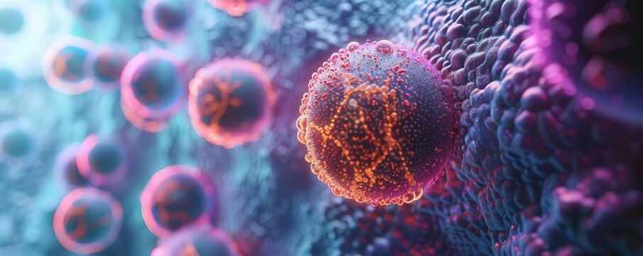 Cell activities during interphase, side view, showcasing preparation for division, cybernetic tone, Monochromatic Color Scheme, copy space for text,