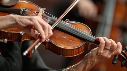 Close-up of a violinist's hands playing the violin, capturing the grace and precision of a live musical performance.