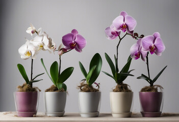 Set of flowering orchids in various pots isolated on a transparent background