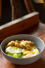 crispy salted egg dori, in a wooden-themed cafe