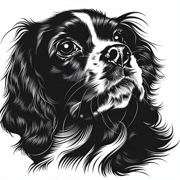 recommend clip art: A black and white drawing of a cavalier king charles spaniel dog