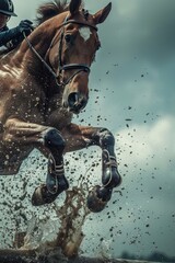 Fototapeta premium Dynamic Equestrian Horse Jumping Over Obstacle in Action-Packed Scene for Sport Event Features