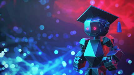 E-learning concept. Abstract 3d low polygonal robot holding Graduation cap or Student hat. Innovative online education. Distance graduate certificate program.