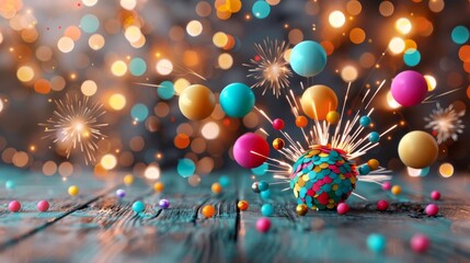 Craft a cheerful depiction of 100 days using a palette of vivid colors copy space in a jubilee theme, whimsical, manipulation, with fireworks in the backdrop