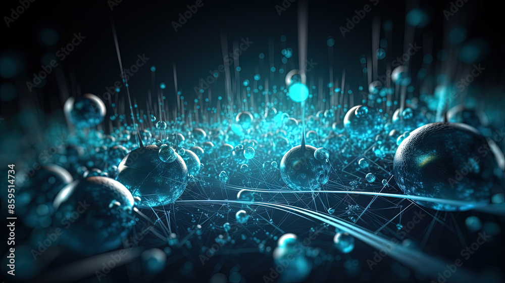 Poster Abstract technology burst with glowing wires and particles in motion. Technology and science dynamic background.