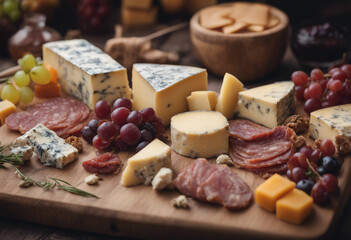 An artisan cheese and charcuterie board with an array of meats cheeses and fruits isolated on transp