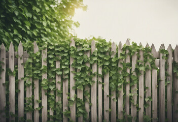 An old wooden fence overgrown with a weaving green ivy leaves isolated on transparent background