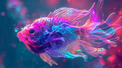 A synthwave idyllic creature emerges from a vibrant haze of neon colors, its sleek and streamlined form glowing with a soft, ethereal light. synthwave fish. Illustrations