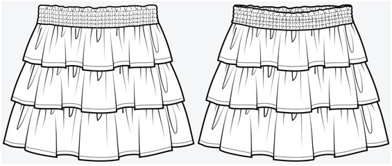 TIERED SKIRT WITH THREE LAYERS DETAIL DESIGNED FOR TEEN GIRLS AND KID GIRLS IN VECTOR FILE