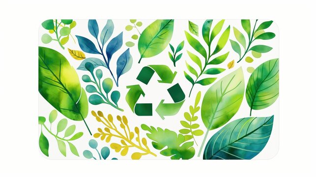 A single, watercolor clipart of a credit card with eco symbols (recycling, leaves), promoting green consumerism, isolated on white.