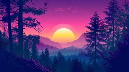 Beautiful forest landscape with a sunset synthwave style | Ai Generated Synthwave Wallpaper/Background |. synthwave forest. Illustrations