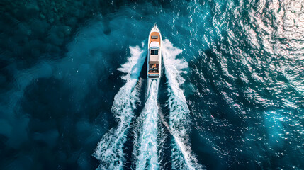 Aerial view of speed motor boat on open sea