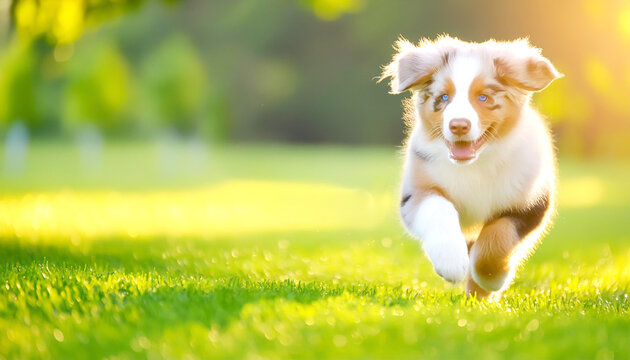 Australian Shepard Welpe rennt &uuml;ber die Wiese 